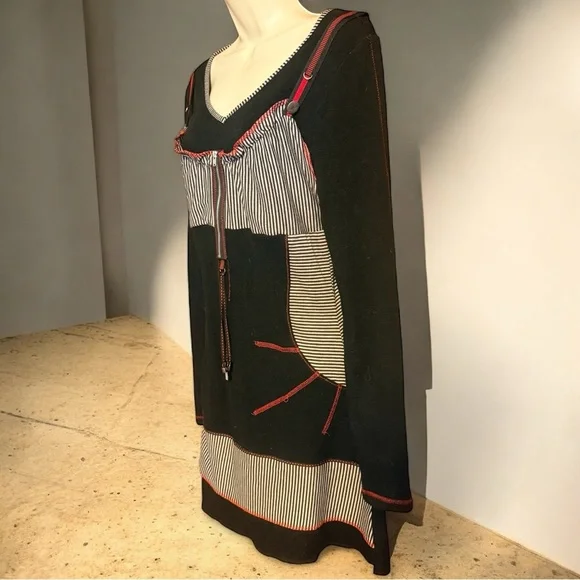 The Pyramid Collection Black Patchwork Tunic Dress Boho Gothic Artsy Long Sleeve - Picture 3 of 9